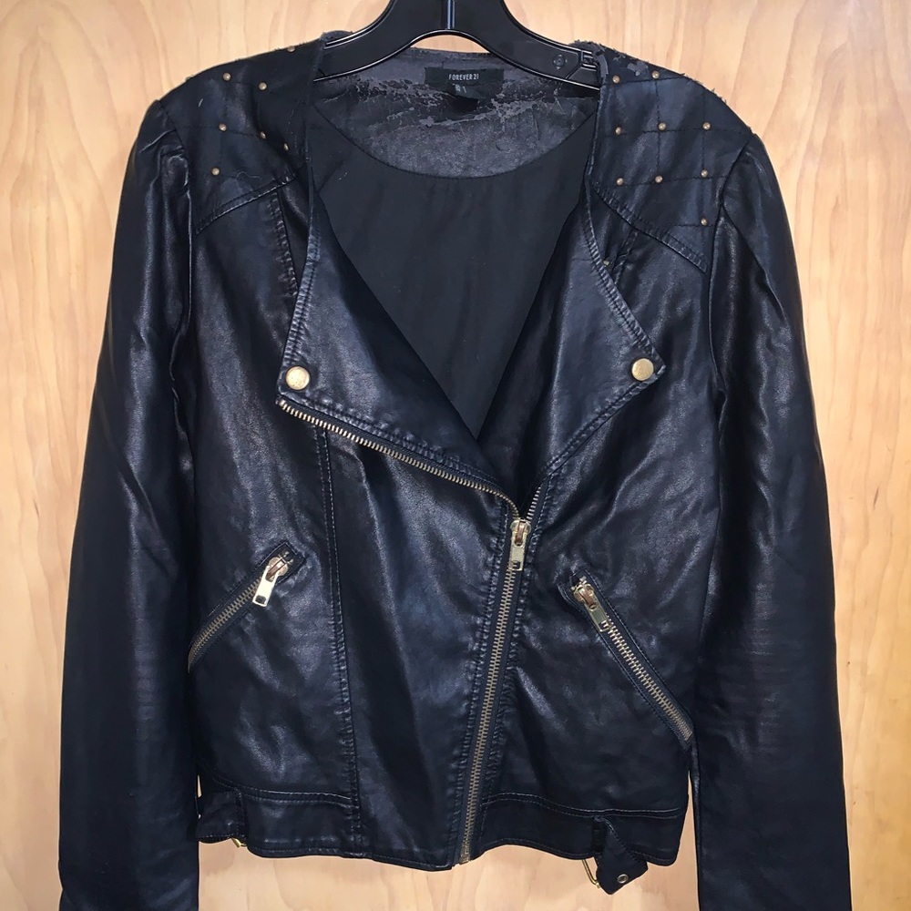 Used. Forever21. Black Faux Leather Jacket. Gold zippers. Size Small.